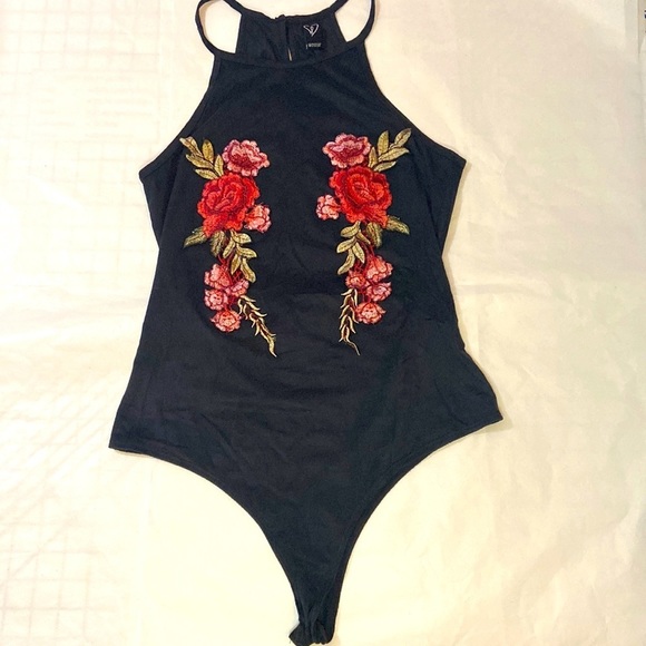 Windsor Tops - Windsor Rose Embellished Suede Like Black Bodysuit